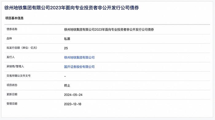 徐州地铁集团25亿元私募债项目状态更新为“终止”