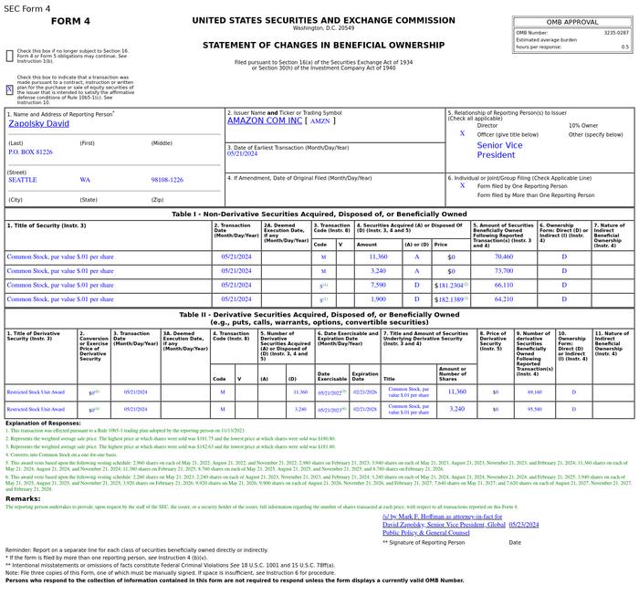 亚马逊(AMZN.US)Zapolsky David售出9,490股普通股股份，价值约172.16万美元
