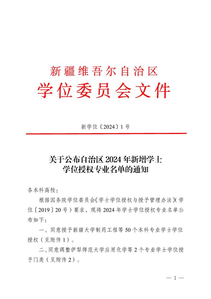 关于公布自治区2024年新增学士学位授权专业名单的通知