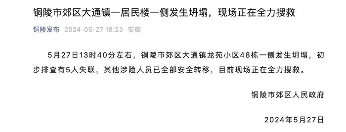 安徽铜陵一小区楼房坍塌5人失联，商户：塌楼处遇多日强降水