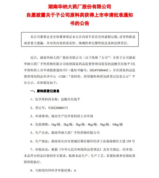 盐酸贝尼地平原料药获批，华纳药厂持续布局心血管用药