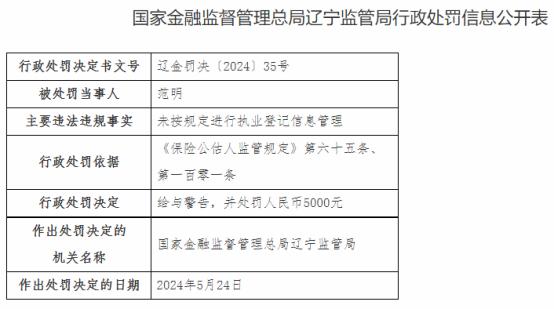 因未按规定进行执业登记等，大童保险公估辽宁分公司被罚5千元