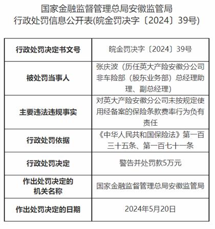 因业务虚挂代理人套取费用等，英大泰和财险安徽分公司被罚39万