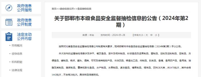 关于河北省邯郸市本级食品安全监督抽检信息的公告（2024年第2期）
