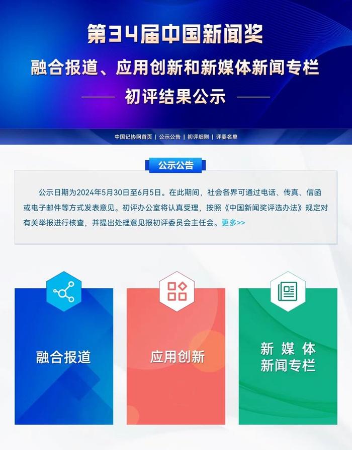 关于公示第34届中国新闻奖融合报道、应用创新和新媒体新闻专栏初评结果的公告