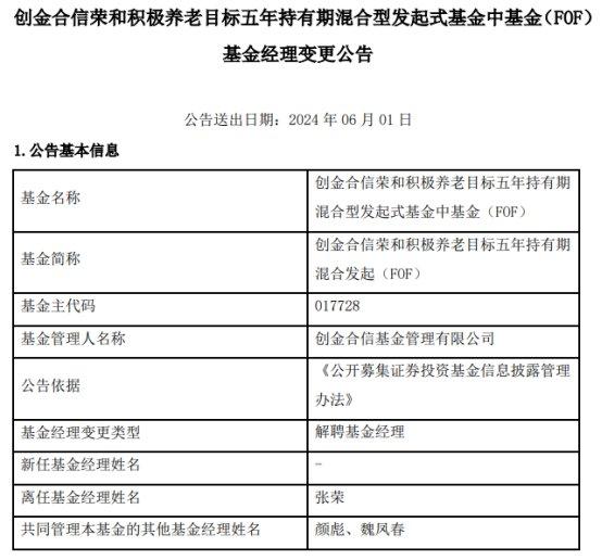 创金合信基金张荣离任3只基金