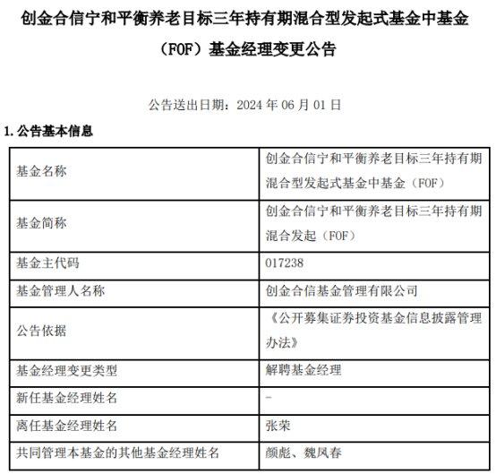 创金合信基金张荣离任3只基金