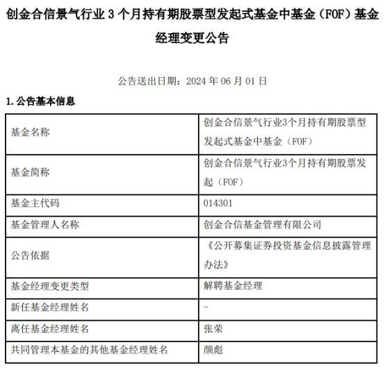 创金合信基金张荣离任3只基金