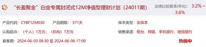 长安银行“长盈聚金”白金专属12M理财（24011期）6月3日起发行，业绩比较基准3.2%-3.6%