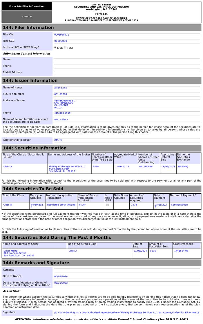 Form 144 | 爱彼迎(ABNB.US)高管拟出售7,578股股份，价值约110.44万美元