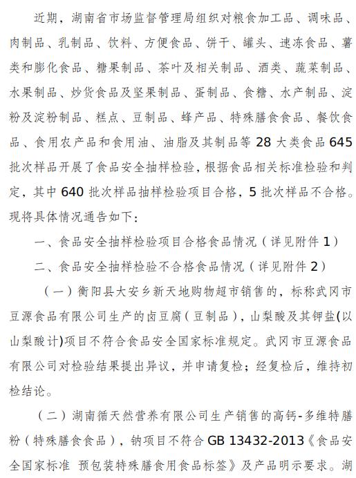 湖南省市场监督管理局关于645批次食品安全抽样检验情况的通告（2024年第1期）