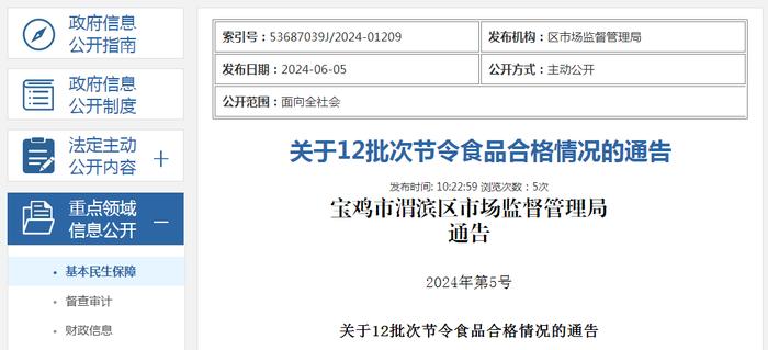 陕西省​宝鸡市渭滨区市场监督管理局关于12批次节令食品合格情况的通告（2024年第5号）