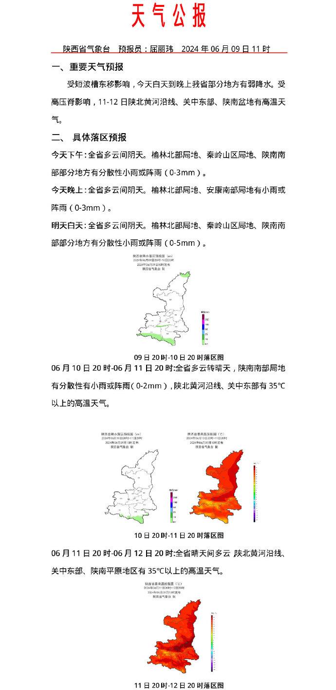 今天白天到晚上陕西部分地方有弱降水 11-12日将有高温天气