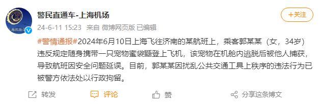 上海机场警方通报“旅客将仓鼠带上飞机致航班误”：涉事乘客已被行政拘留
