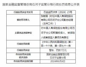 因欺骗投保人等，中国人寿石河子分公司被罚22万元