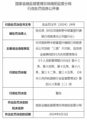 因信贷资金被挪用，河南新野中银富登村镇银行被罚30万元