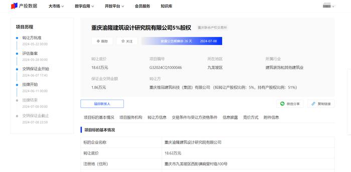 重庆维冠挂牌转让渝隆建筑设计研究院5%股权，底价18.6万元