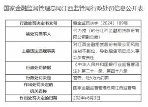 因风险控制不到位等，江西金融租赁公司被处罚150万元