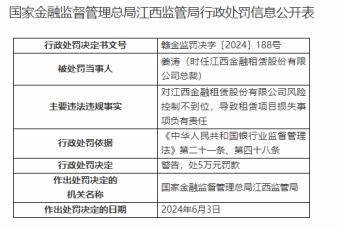 因风险控制不到位等，江西金融租赁公司被处罚150万元