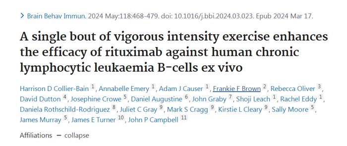 锻炼能提高抗癌药物的治疗疗效！BBI | 几次中等强度至高强度的锻炼或能改善用于治疗慢性淋巴细胞白血病