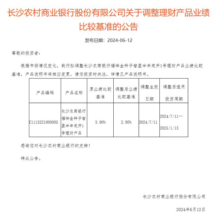 长沙农商银行：拟调整福祥金种子智盈半年定开1号理财产品业绩比较基准