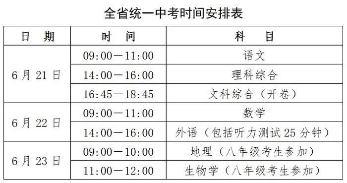 2024年河北省统一中考时间安排表公布