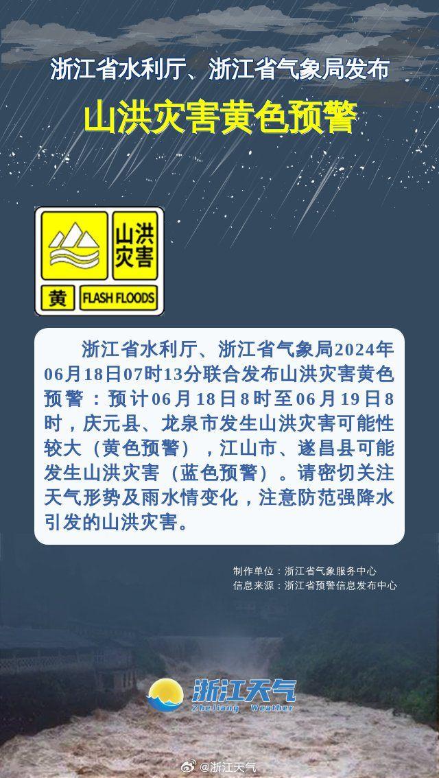 浙江省水利厅、浙江省气象局联合发布山洪灾害黄色预警