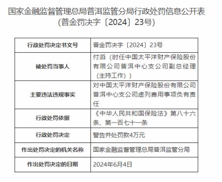 因虚列费用等，太平洋产险普洱支公司被罚48万元