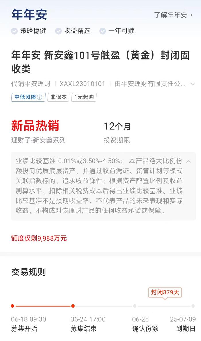 平安理财新安鑫101号触盈黄金封闭固收6月18日起发行，业绩比较基准0.01%或3.5%-4.5%