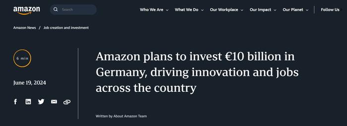亚马逊继续大撒币战略 计划在德国投资100亿欧元
