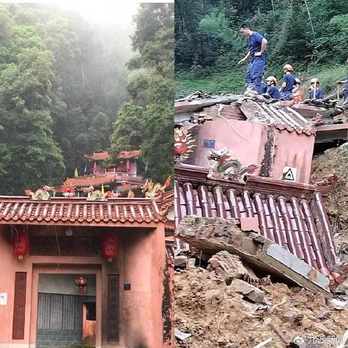 福建上杭县寺庙坍塌一家六口失联，家属山中呐喊找人，沿路多处塌方