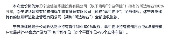 宁波华建拍卖旗下昕达物业100%股权及应收账款等，起拍价约3.8亿元