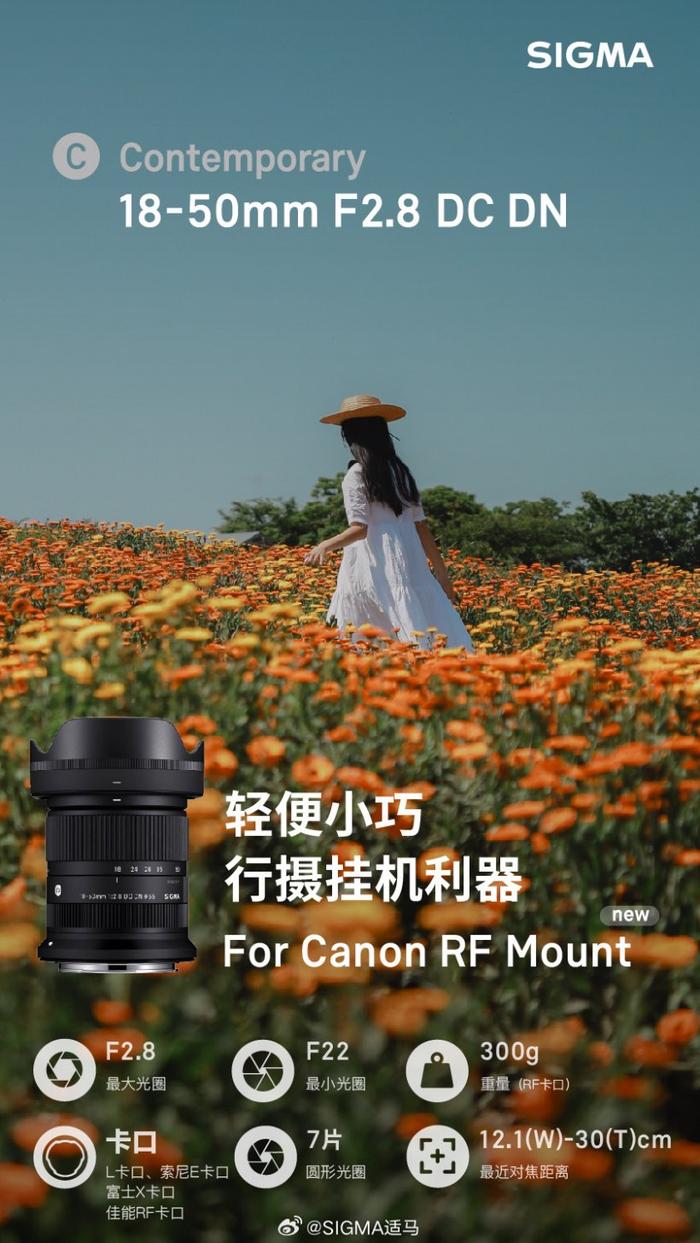 首发佳能 RF 卡口官方授权镜头，适马 18-50mm F2.8 DC DN 发布：599 美元