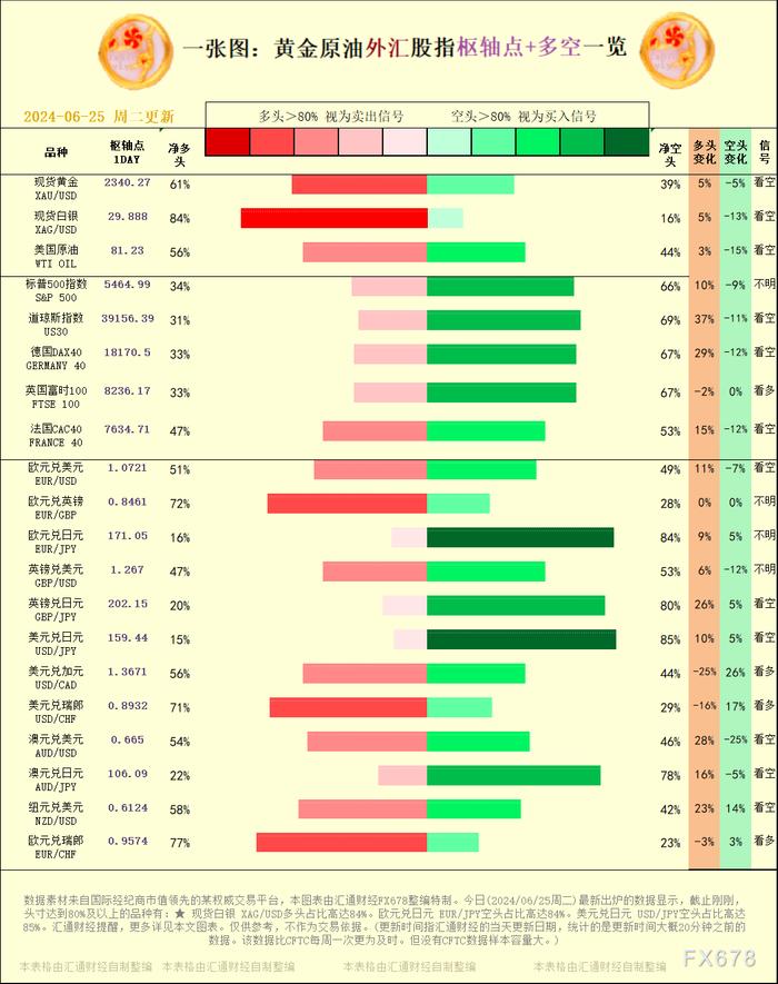 一张图：2024/06/25黄金原油外汇股指"枢纽点+多空占比"一览