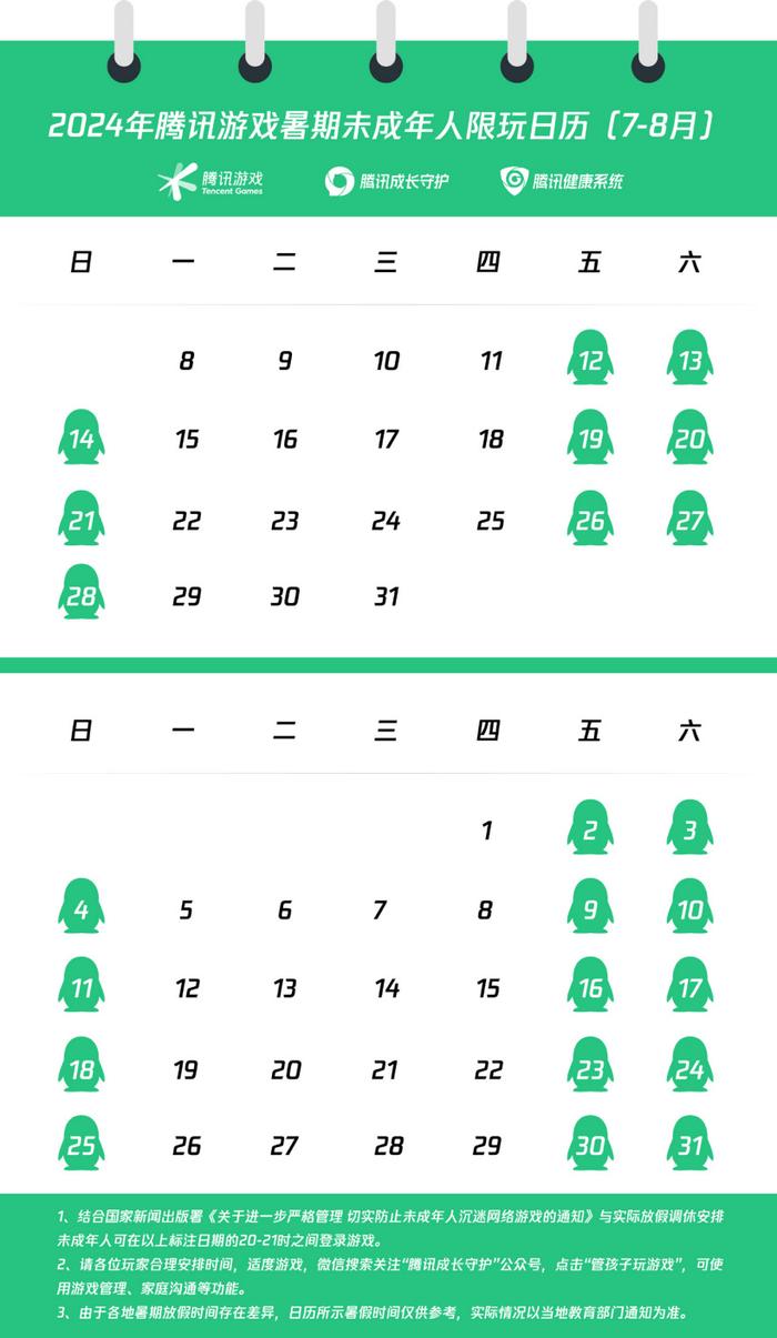 2024 年腾讯游戏暑期未成年人限玩日历公布，合计可玩 23 小时