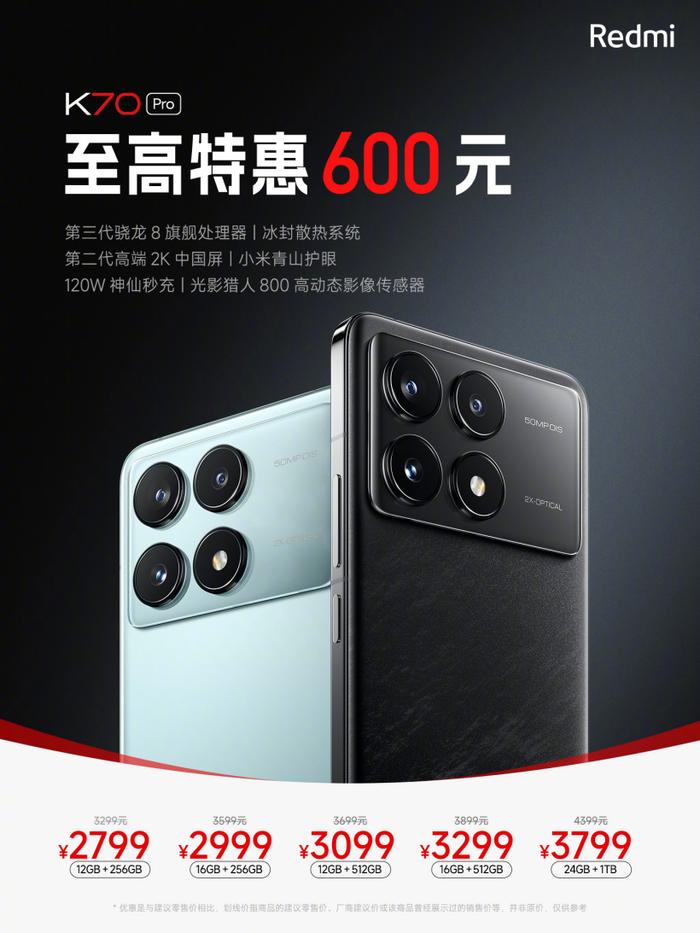 小米 Redmi K70 Pro 手机降价：骁龙 8 Gen 3，2799 元起