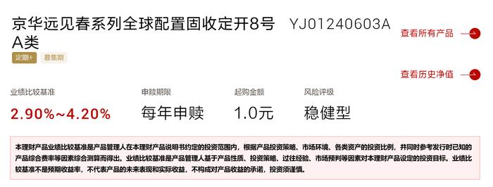 北银理财京华远见春系列全球配置固收定开8号A类6月27日起发行，业绩比较基准2.9%-4.2%