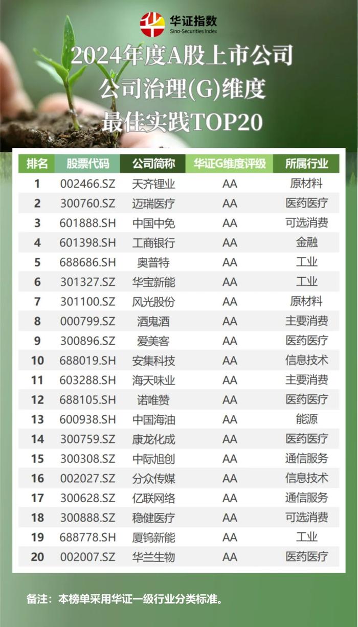 华证ESG评级 | 2024年度A股上市公司环境(E)、社会(S)、公司治理(G)维度最佳实践TOP20