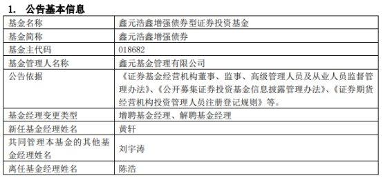 鑫元基金陈浩离任10只基金