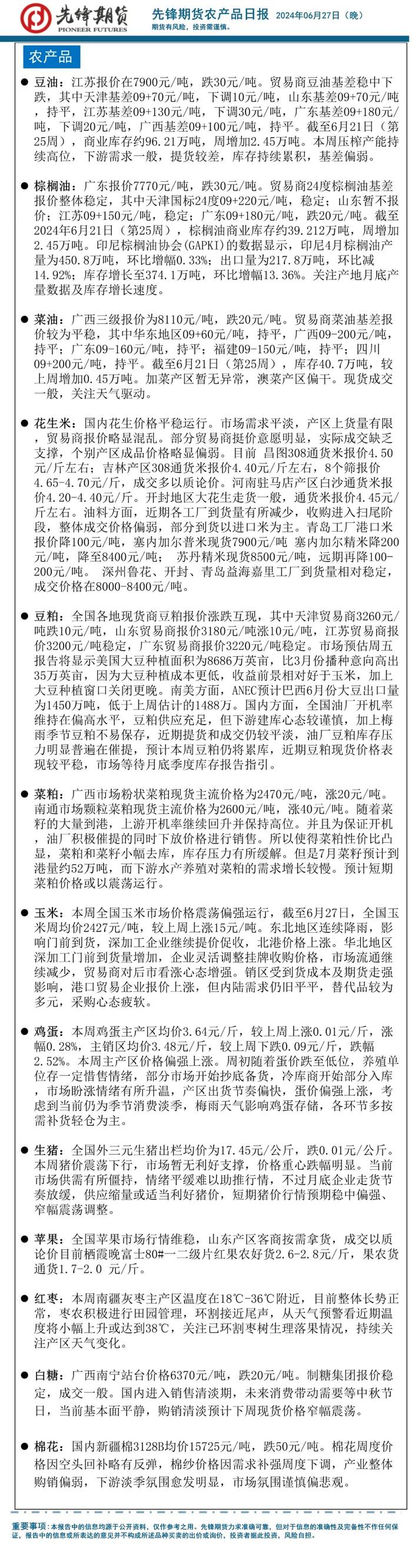 先锋期货 | 主力合约涨跌互现，鸡蛋、菜粕、铁矿石、生猪、涨超1%。跌幅方面，红枣跌超3%，锰硅跌超2%，丁二烯橡胶、跌超1%。