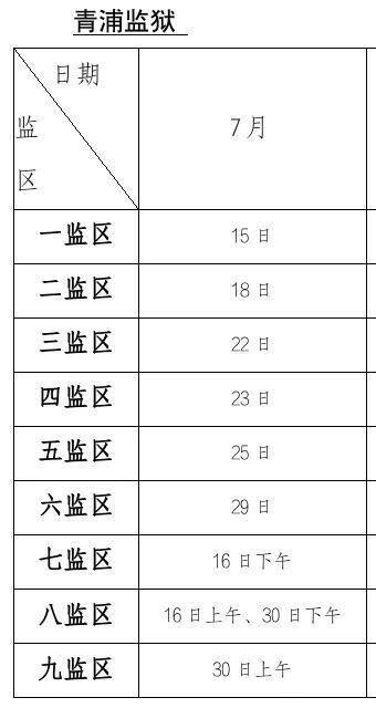 罪犯亲属、监护人：上海监狱2024年7月会见日安排，请查收！