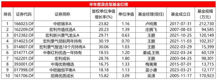 上半年混基红黑榜：宏利王鹏“又行了” 成长板块跌幅较大