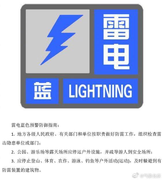 北京发布雷电蓝色预警 局地将有大风和小冰雹