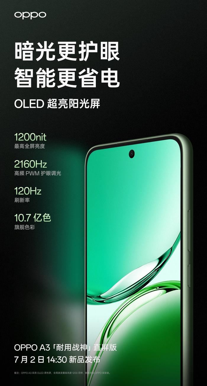 OPPO A3 手机直屏版预热：1200nit“OLED 阳光屏”、支持耐高温特性