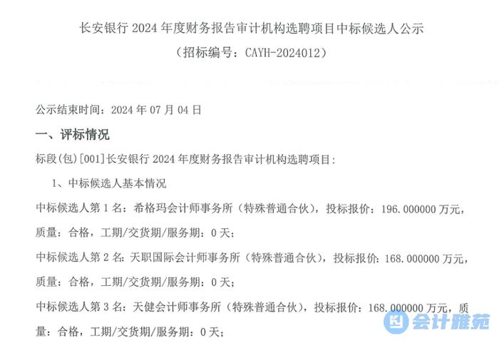 长安银行2024年度财务报告审计机构选聘中标候选人