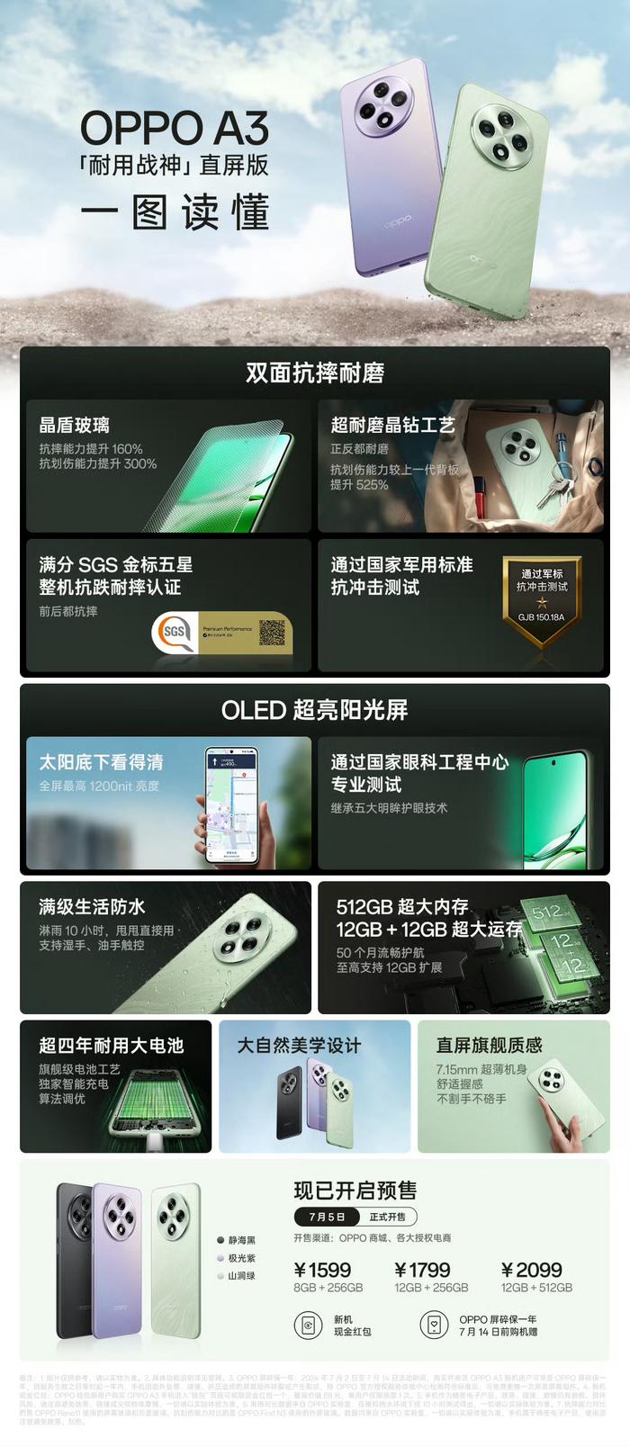 OPPO A3 “耐用战神”直屏版手机发布，1599 元起