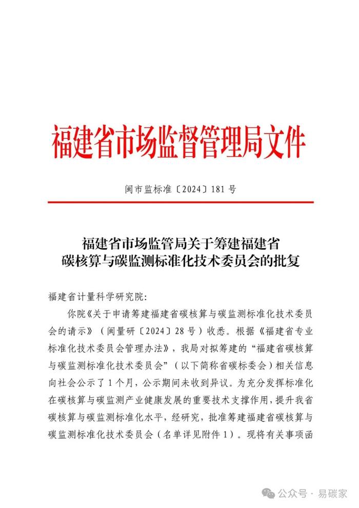 福建省市场监管局关于筹建福建省碳核算与碳监测标准化技术委员会的批复