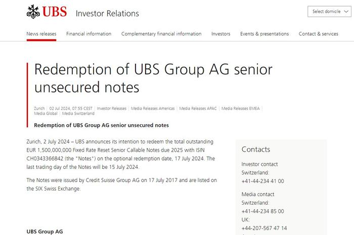 瑞银集团(UBS.US)：将于7月17日赎回15亿欧元高级票据
