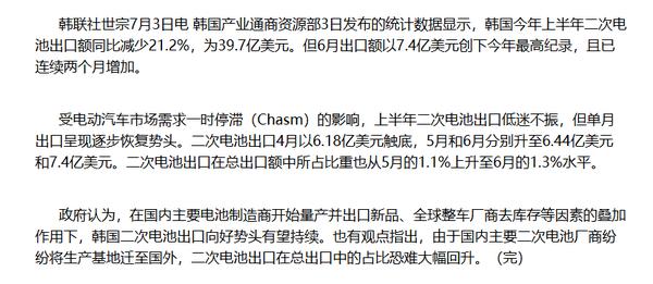 韩媒称受电车市场影响 韩国上半年二次电池出口大跌21%