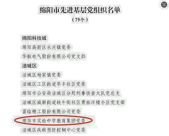 绵阳市实验中学教育集团党委荣获“绵阳市先进基层党组织”称号